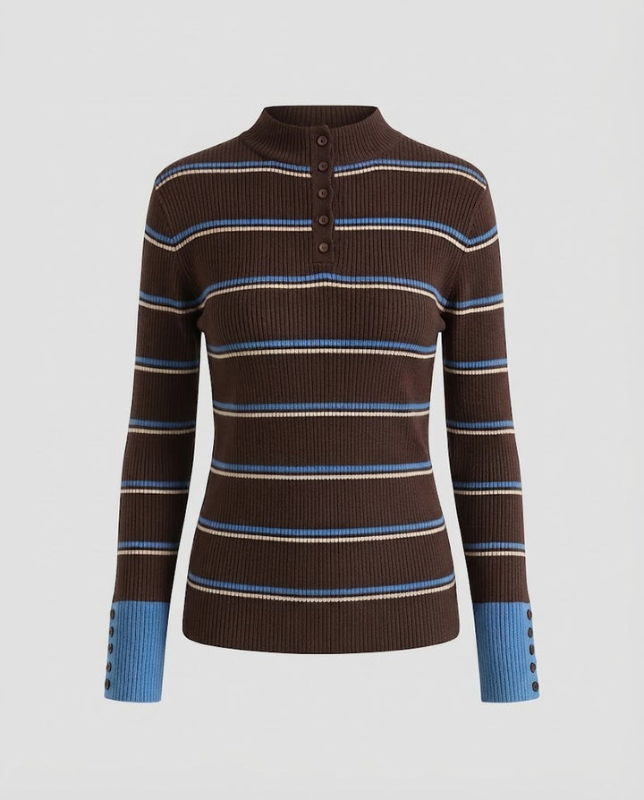Women's Striped Ribbed Sweater with Stand-Up Collar, Button Placket, and Contrast Cuffs Amarae