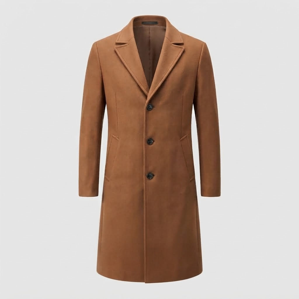 Men's Tailored Wool Blend Long Coat with Boucle Texture and Lapels Amarae