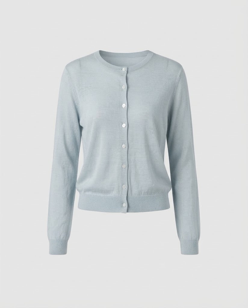 Women Lightweight Fine Knit Cardigan with Fine Button Placket and Round Neckline Amarae