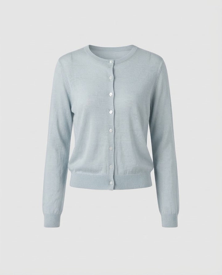 Women Lightweight Fine Knit Cardigan with Fine Button Placket and Round Neckline Amarae