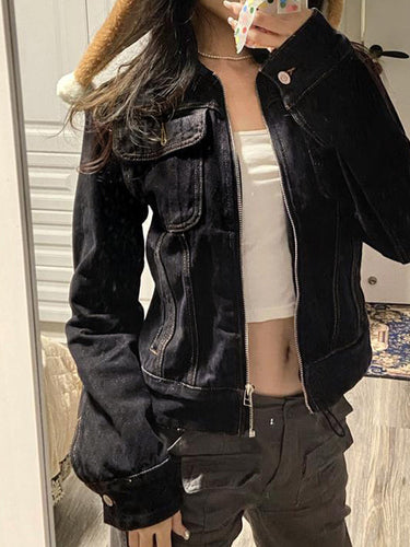 Amarae | Black Denim Notched Collar Zip-Up Short Jacket