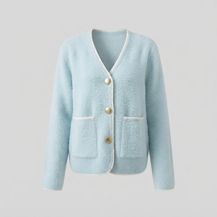 Women Cozy Boucle Cardigan with Decorative Trim Amarae