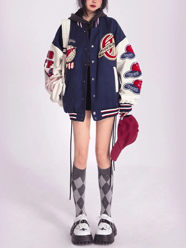 Amarae | Blue College Varsity Jacket with Flock Print