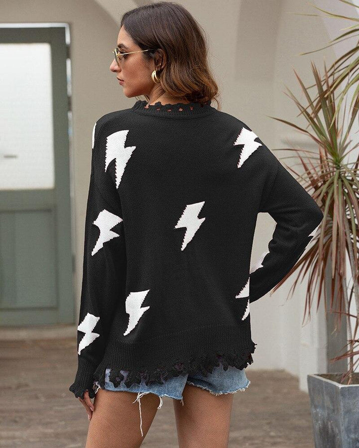 Lune London | Knit Sweater - Loose Fit - Lightning Pattern & Fringe Hem