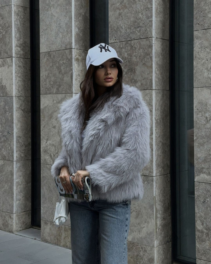 Women’s Faux Fur Jacket with Foldable Collar & Long Sleeves | Amarae
