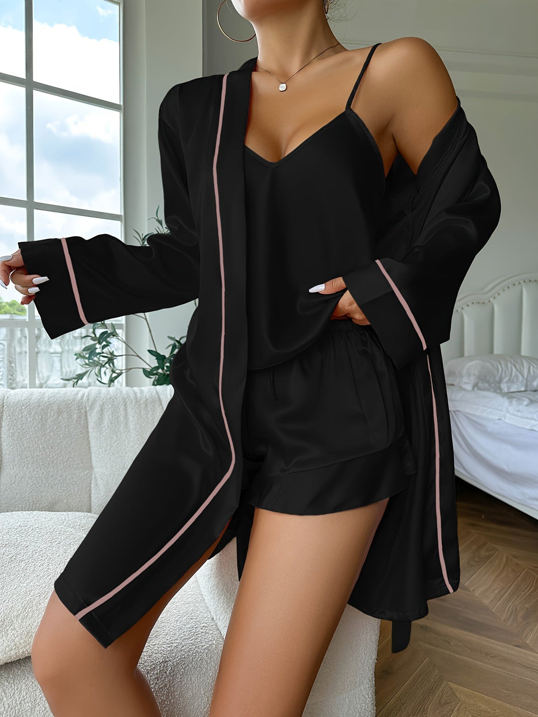 Lune London | Solid Satin V-Neck Top & Shorts Pajama Set for Women