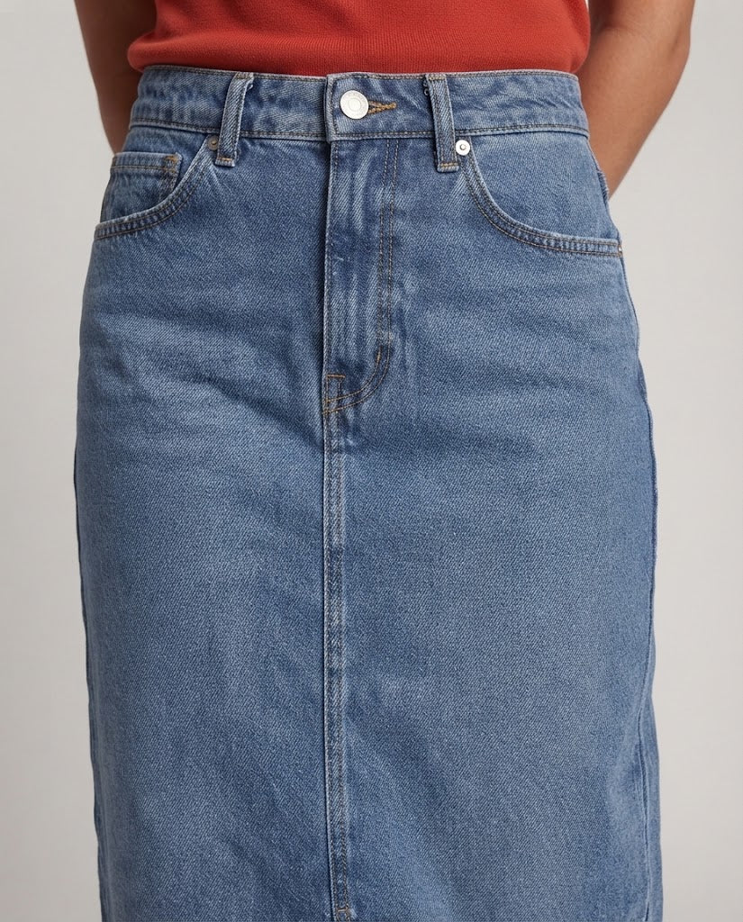 Women high-waisted denim midi skirt with front slit and straight cut Amarae
