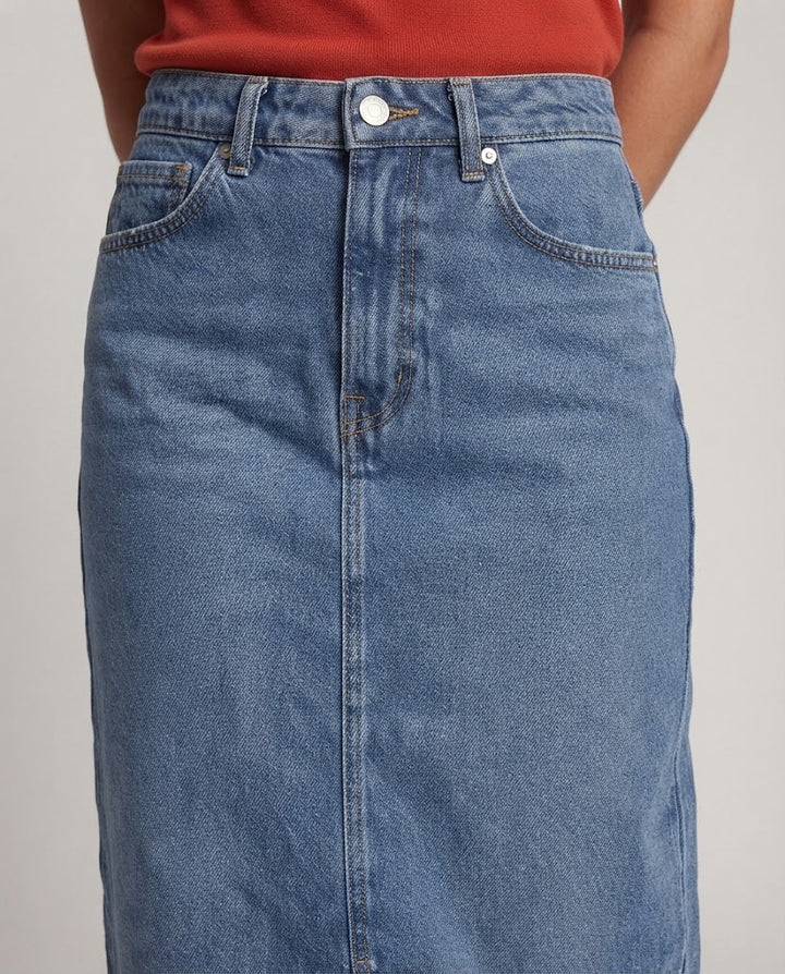 Women high-waisted denim midi skirt with front slit and straight cut Amarae