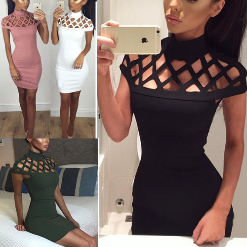 Ladies Figure-Hugging Mini Dress with Artistic Cut-Out Design and High Collar Amarae