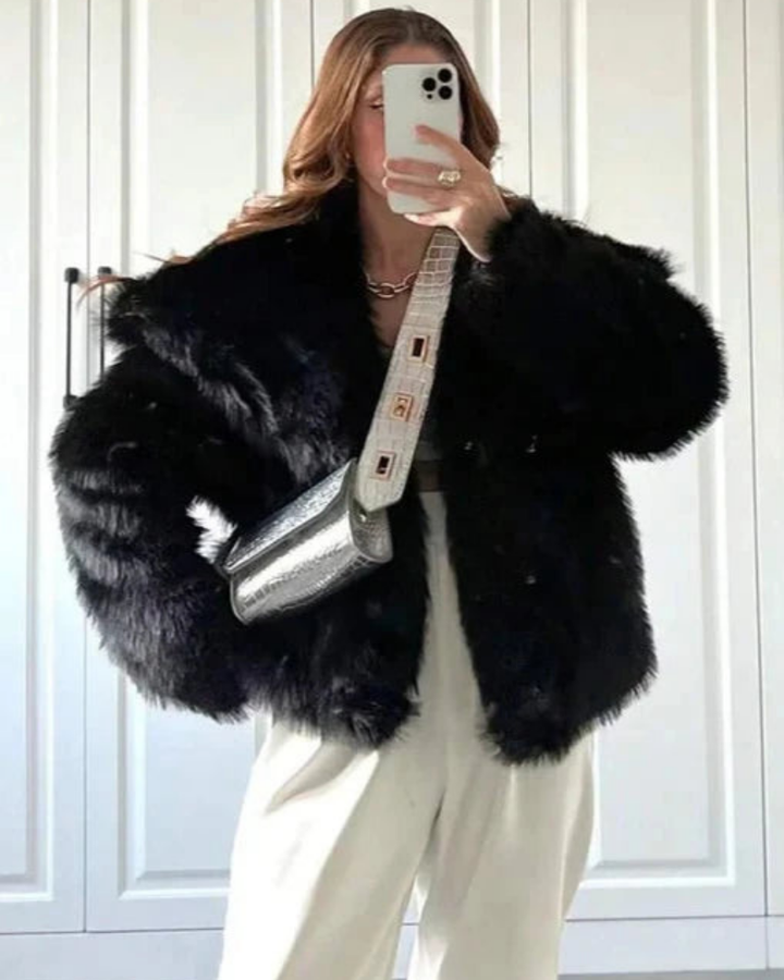 Women’s Faux Fur Jacket with Foldable Collar & Long Sleeves | Amarae