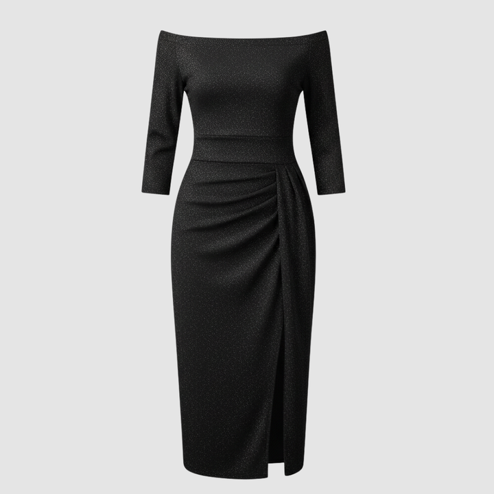 Elegant Wedding Guest Dress Off Shoulder Long Satin | Amarae