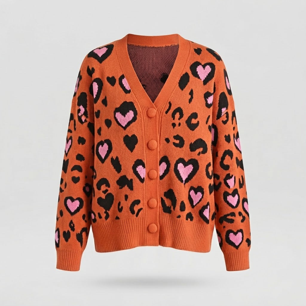 Women’s Oversized Knit Cardigan with Heart Leopard Print and V-Neck Amarae