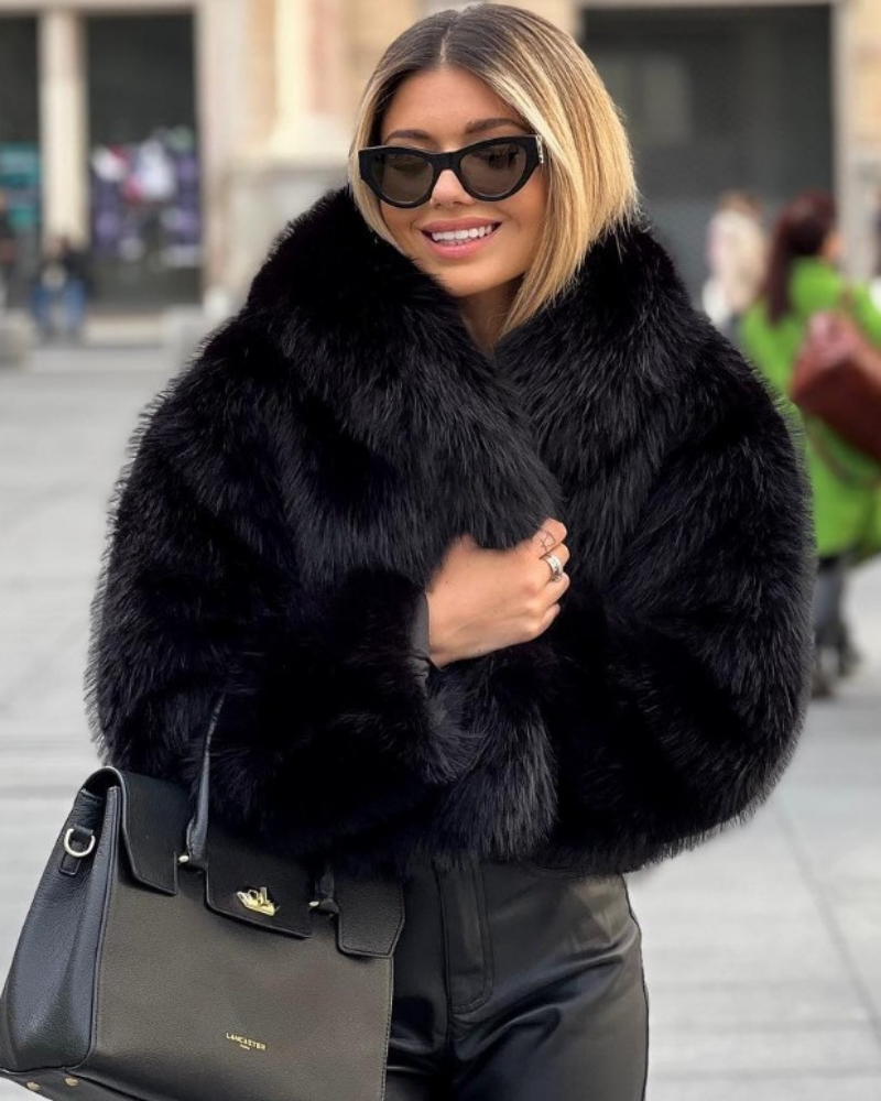 Women’s Faux Fur Jacket with Foldable Collar & Long Sleeves | Amarae