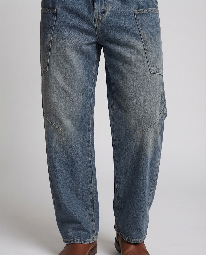 Men's Baggy Denim Cargo Pants with Drop Crotch and Oversized Patch Pockets Amarae