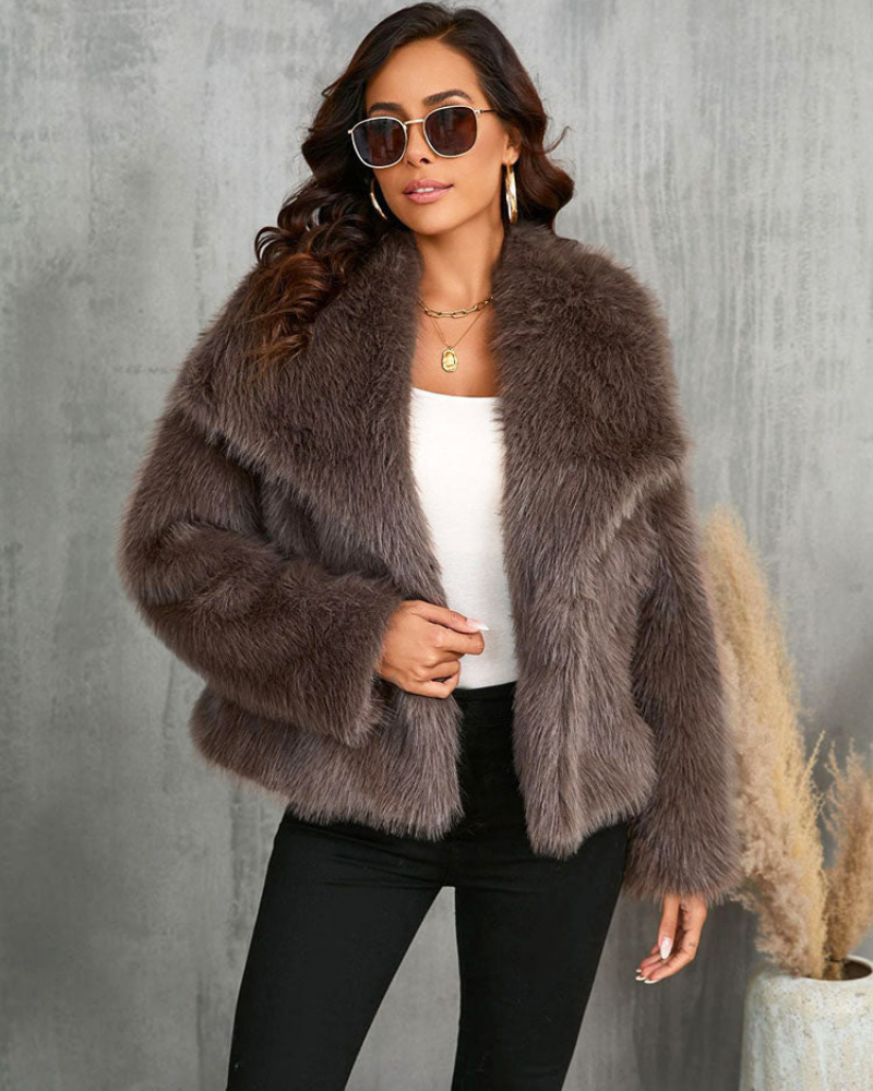 Women’s Faux Fur Jacket with Foldable Collar & Long Sleeves | Amarae