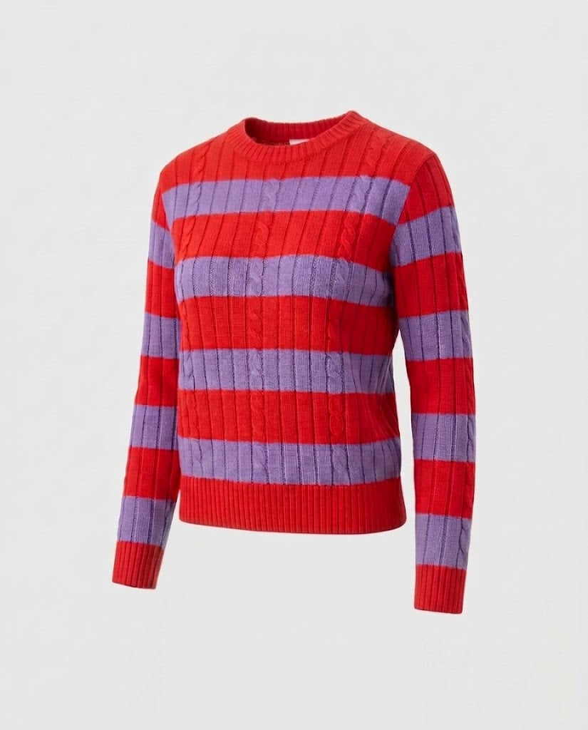Ladies Striped Ribbed Cropped Sweater with Round Neck Amarae