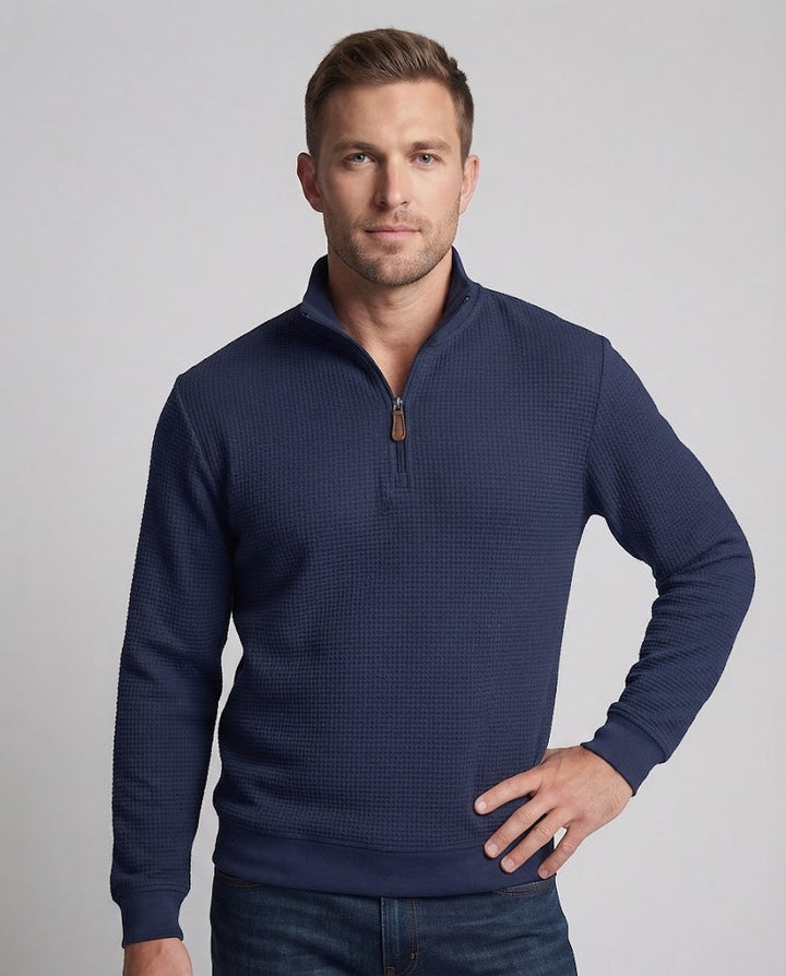 Men's waffle knit half-zip sweatshirt with stand-up collar and leather zipper pull Amarae