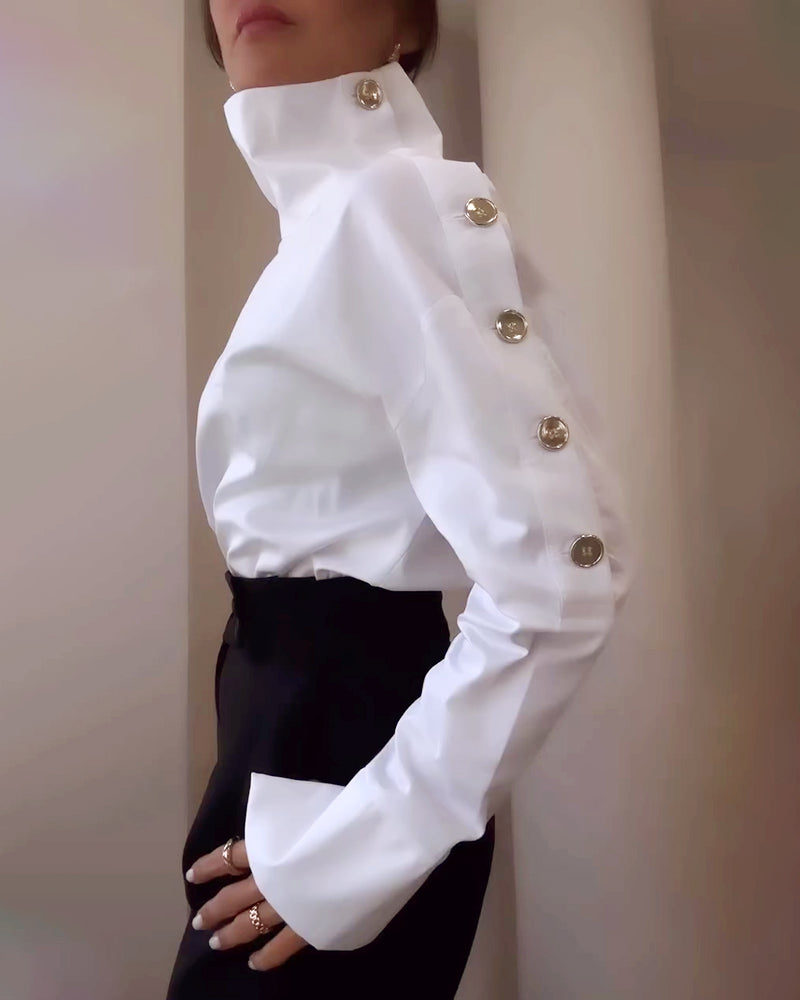 Women’s Cotton-Blend Blouse with Stand-Up Collar & Buckle Detail | Amarae