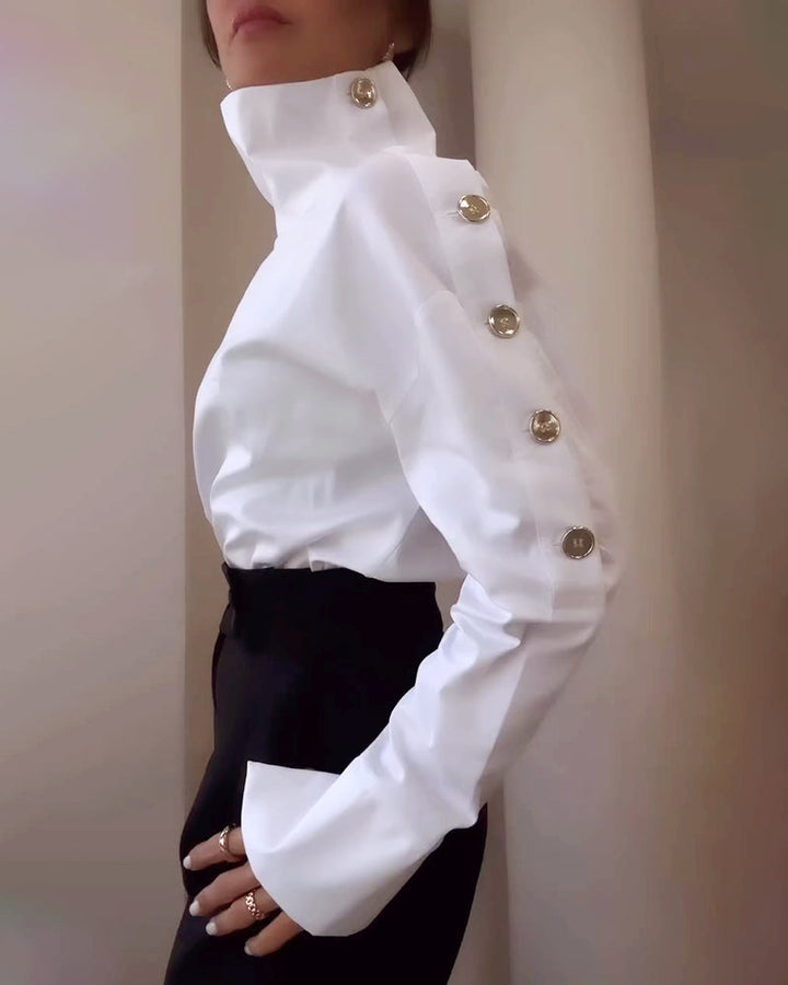 Women’s Cotton-Blend Blouse with Stand-Up Collar & Buckle Detail | Amarae