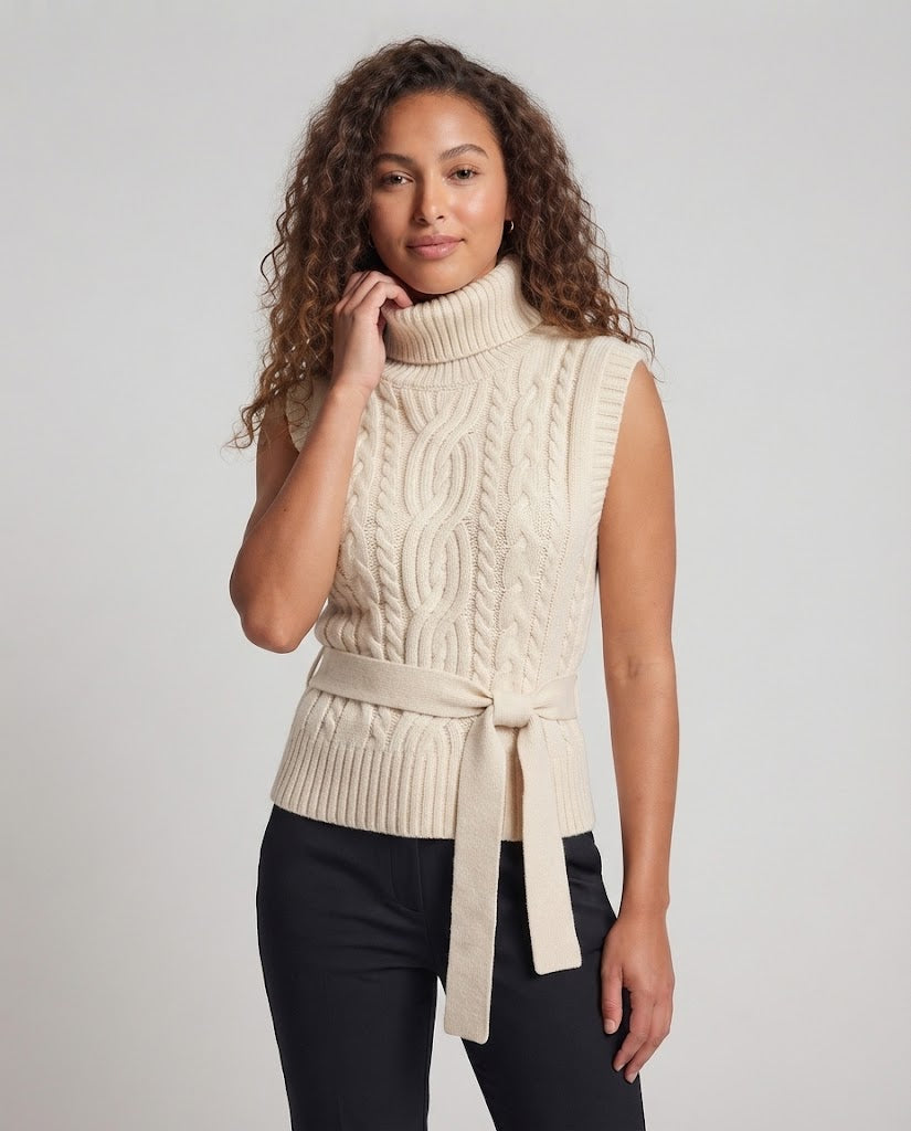 Women's Sleeveless Cable Knit Vest with Turtleneck and Tie Belt Amarae