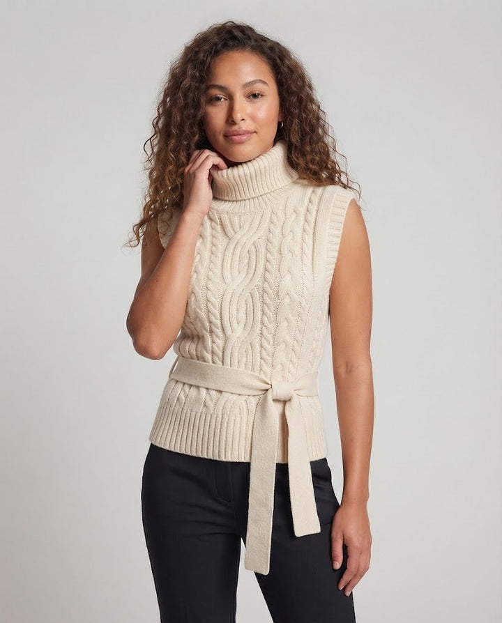 Women's Sleeveless Cable Knit Vest with Turtleneck and Tie Belt Amarae