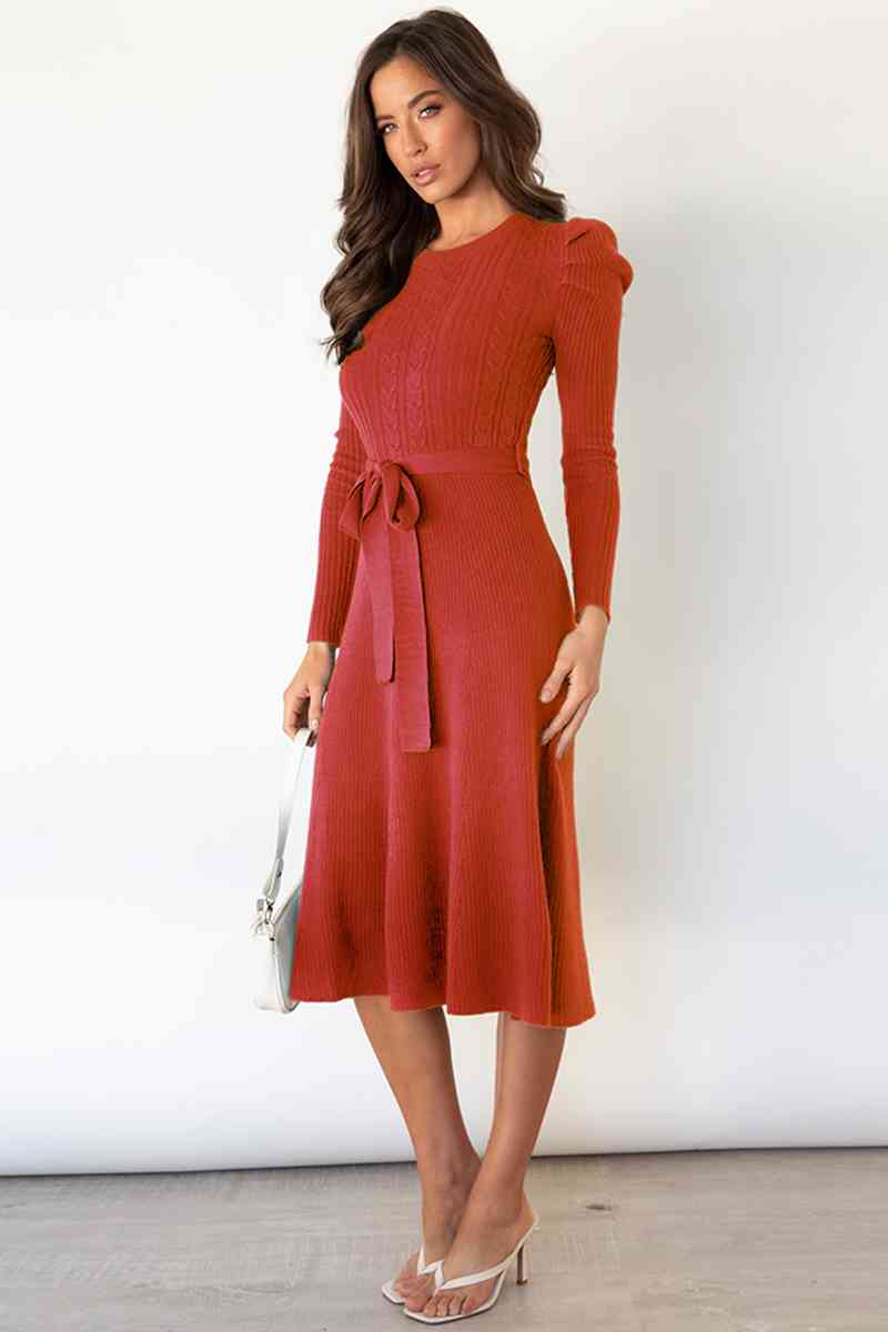 Lune London | Round Neck Long Sleeve Knot Waist Sweater Dress