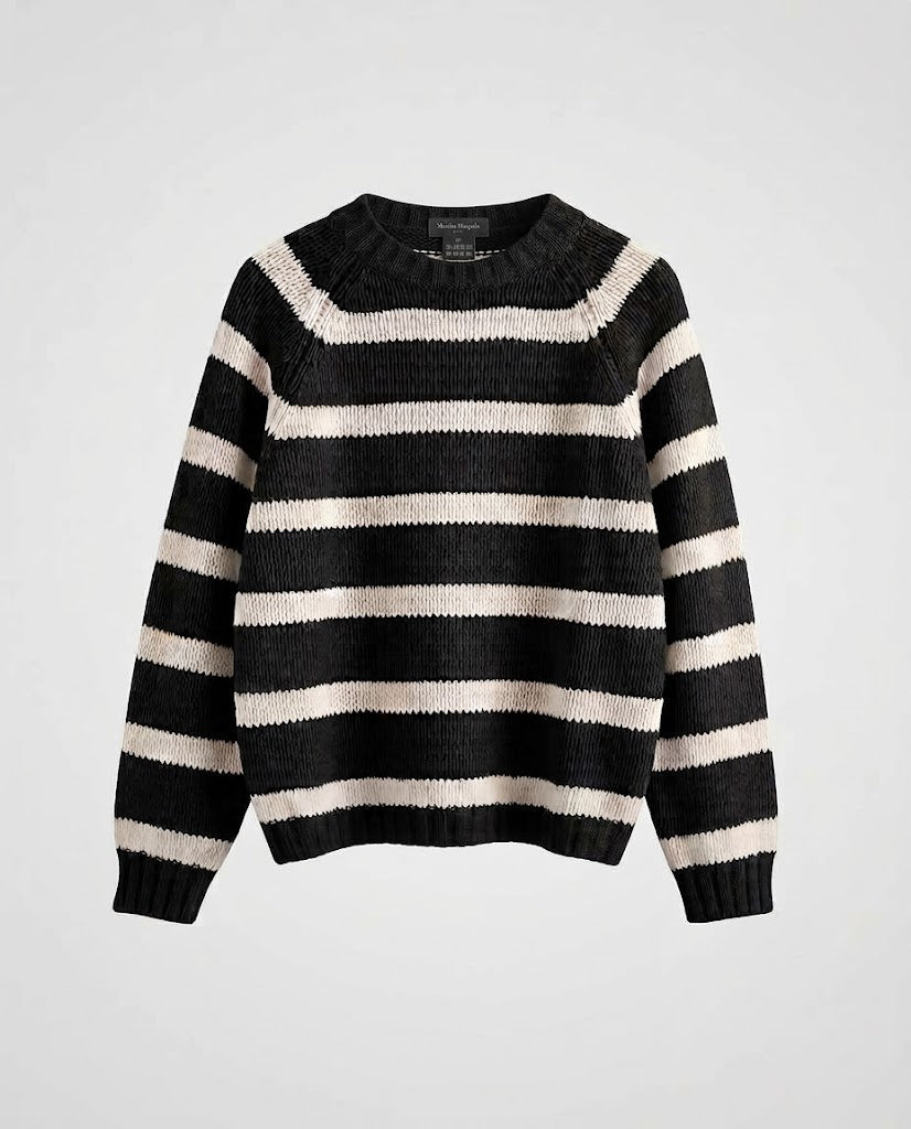 Women's Striped Boxy Knit Sweater with Chunky Stitch and Round Neckline Amarae