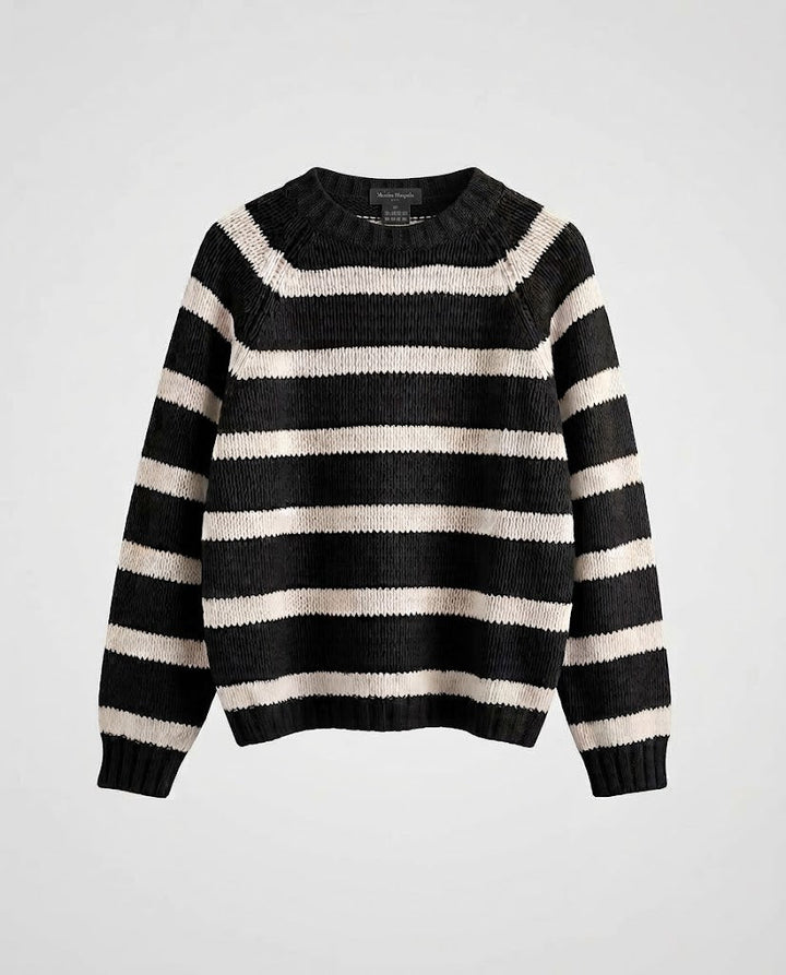 Women's Striped Boxy Knit Sweater with Chunky Stitch and Round Neckline Amarae