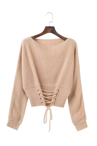 Casual knitted sweater for women with deep V-neck and lace-up design rich in details Amarael