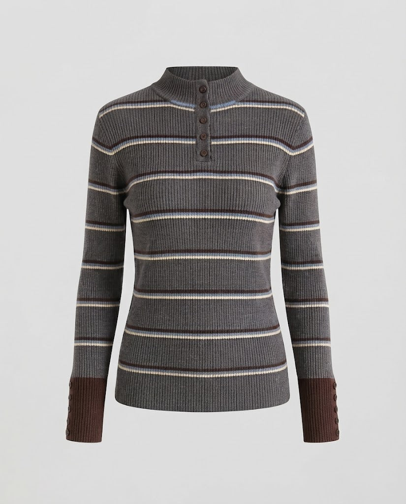 Women's Striped Ribbed Sweater with Stand-Up Collar, Button Placket, and Contrast Cuffs Amarae