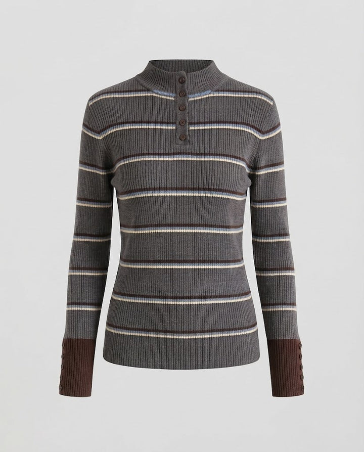 Women's Striped Ribbed Sweater with Stand-Up Collar, Button Placket, and Contrast Cuffs Amarae