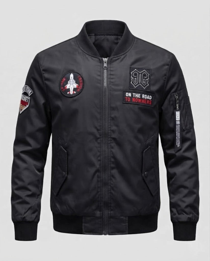 Men's Short Bomber Jacket with Patch Applications, Nylon Outer Material and Quilted Inner Lining Amarae