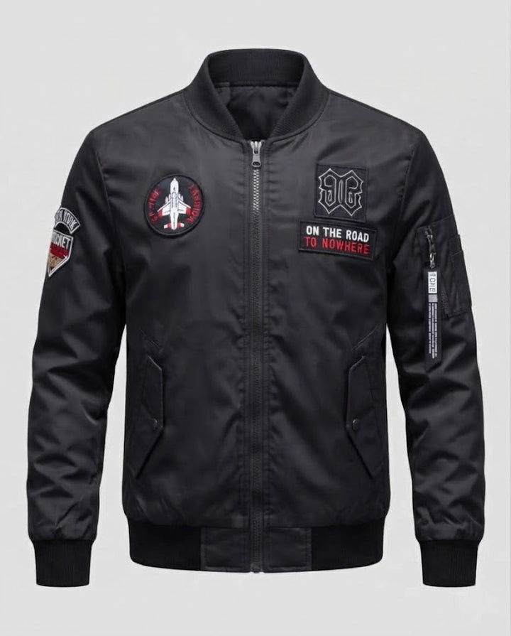 Men's Short Bomber Jacket with Patch Applications, Nylon Outer Material and Quilted Inner Lining Amarae