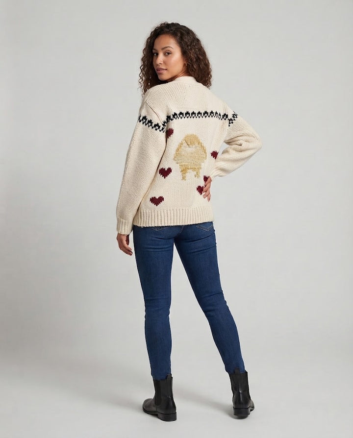 Women's Oversize Chunky Knit Cardigan with Heart Intarsia and Shawl Collar Amarae