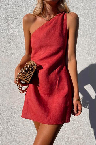 Amarae | Rosiedress One Shoulder Solid Cotton Linen Mini Dress