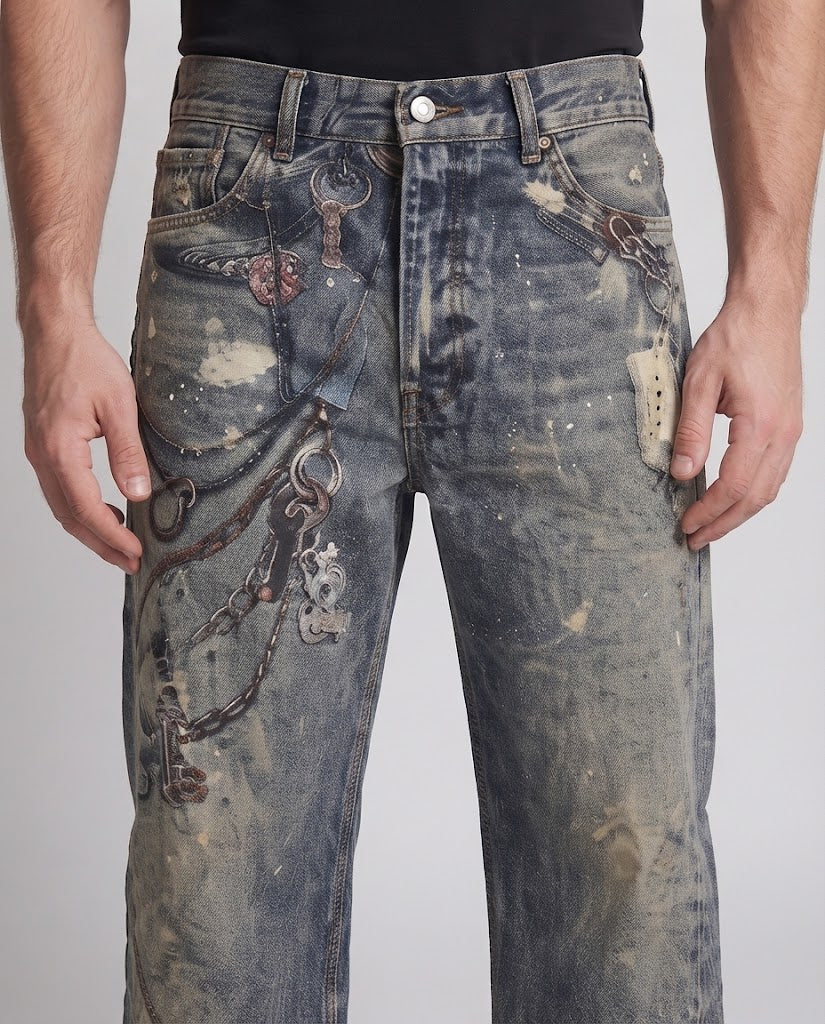 Men's extra-wide baggy jeans with color-splattered used look and chain print Amarae