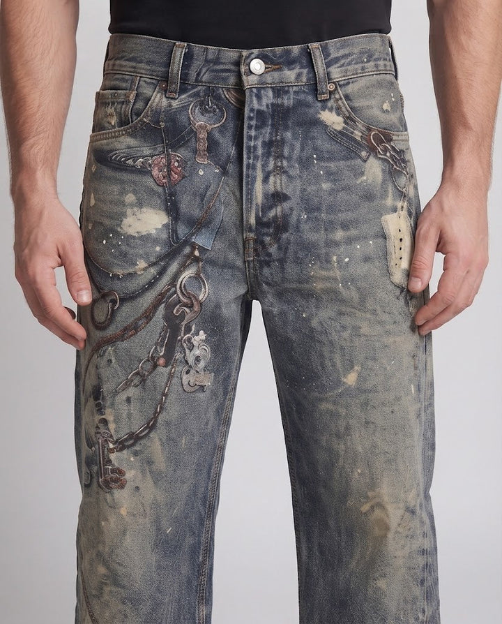 Men's extra-wide baggy jeans with color-splattered used look and chain print Amarae