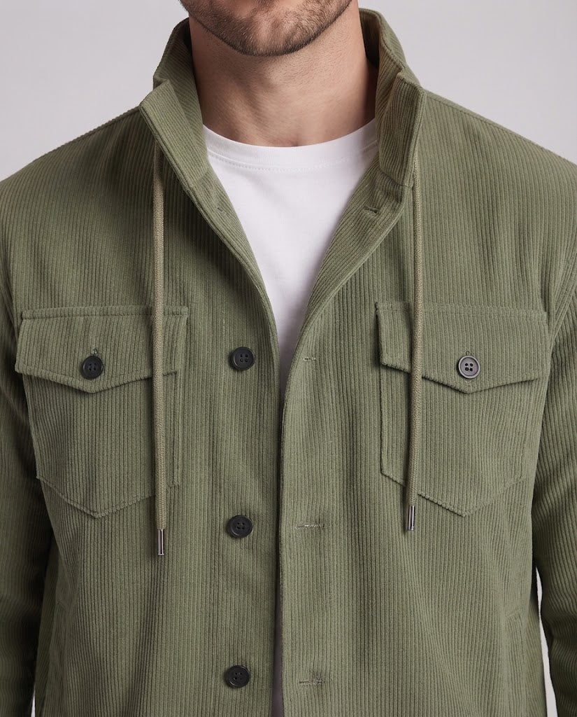 Men's Cord Shacket with Stand Collar and Button Placket Amarae
