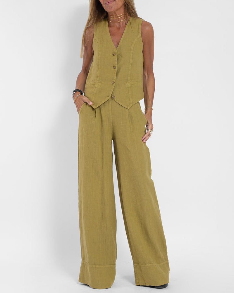 Lune London | Elegant 2-Piece Set Linen Wide Pants & Vest