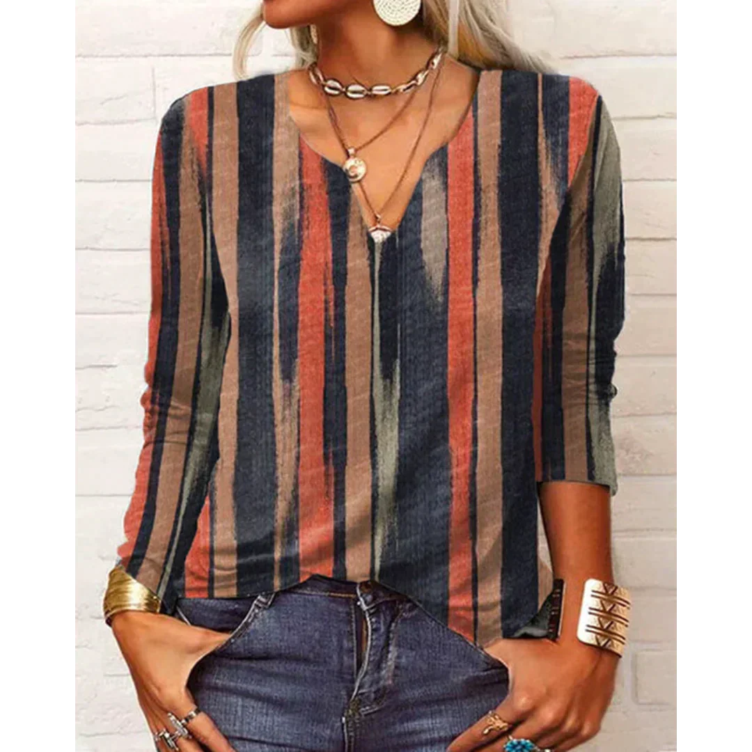Lune London | Style V Neck Blouse with Long Sleeves - Colorful Floral Pattern Design for Women