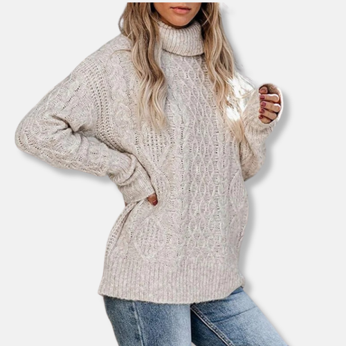 Amarae | Turtleneck Sweater - Cable Knit Tunic Length Sweater