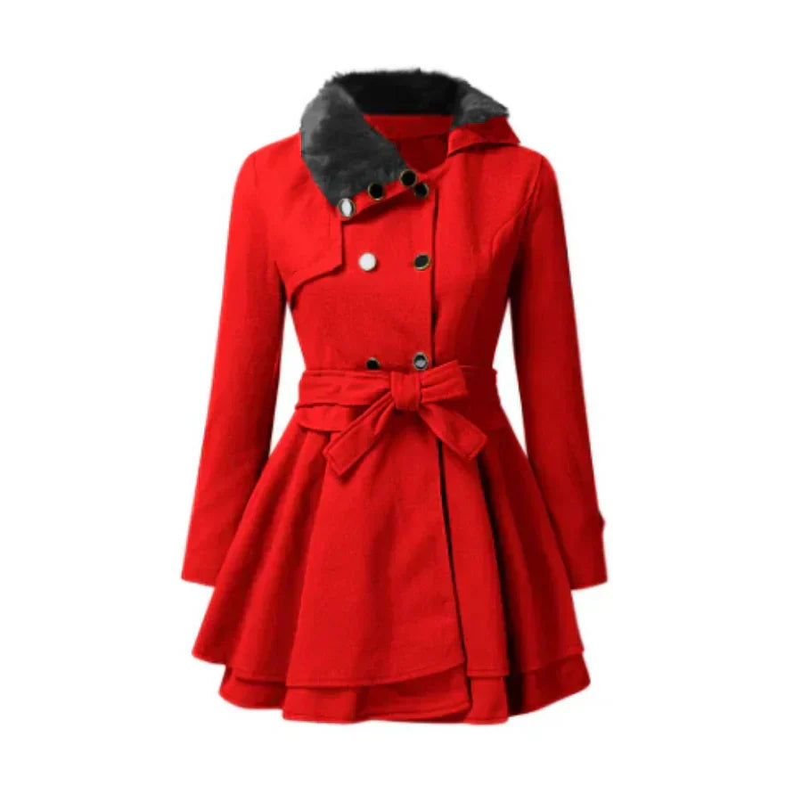 Lune London | Coat Wool Blend Flattering A-Line Faux Fur Collar Belt