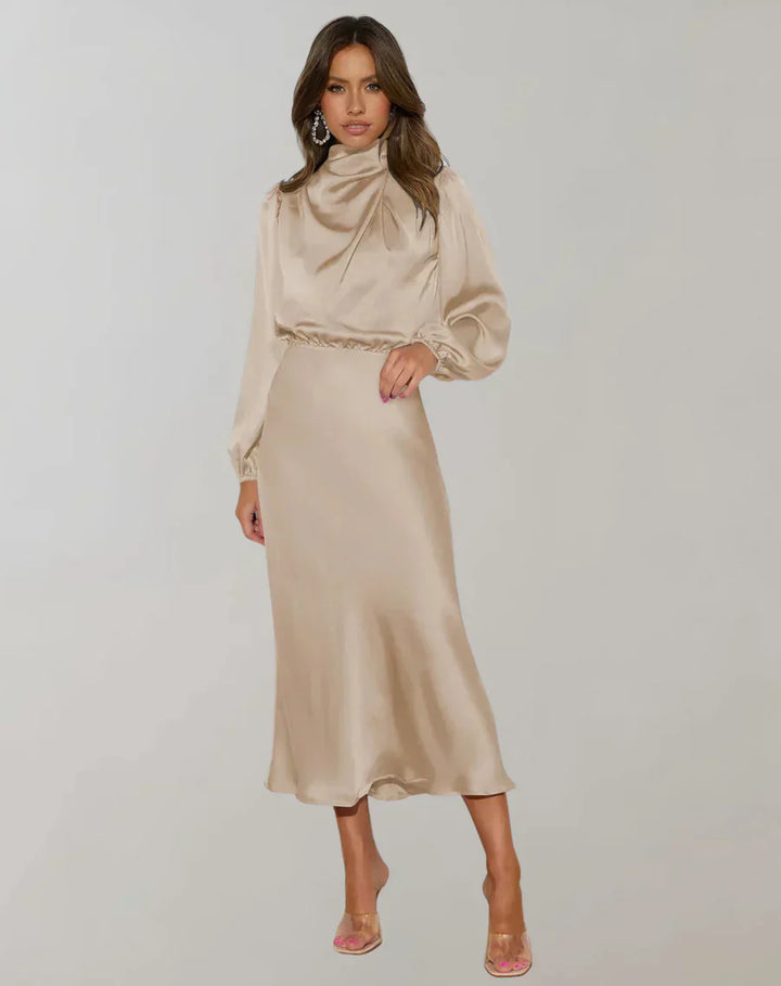 Lune London | Classic Satin Dress with High Collar and Long Sleeves for Women