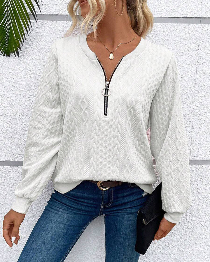 Chic Und Stil | Casual Solid Color Sweatshirt with Long Sleeves and Zipper
