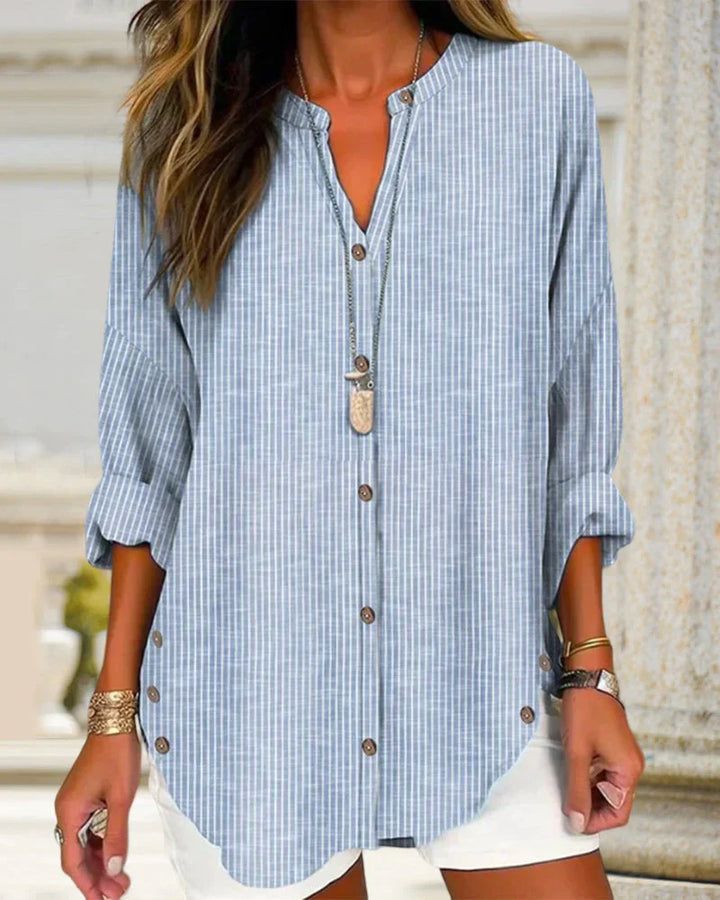 Amarae | Italian Top with V-Neck and Fine Printed Stripes
