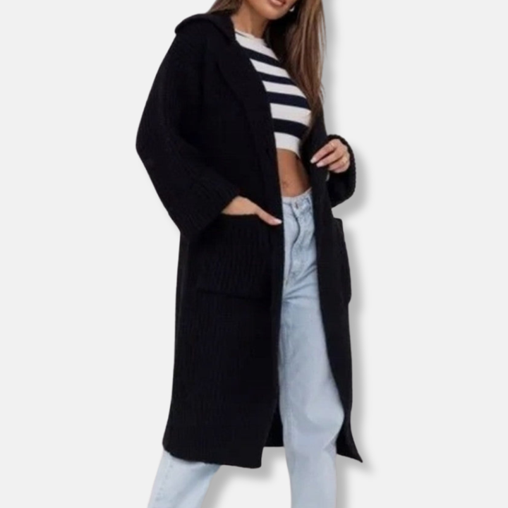Amarae | Longer knitted coat - Plus size fit - Hood - Ribbed texture - Pockets