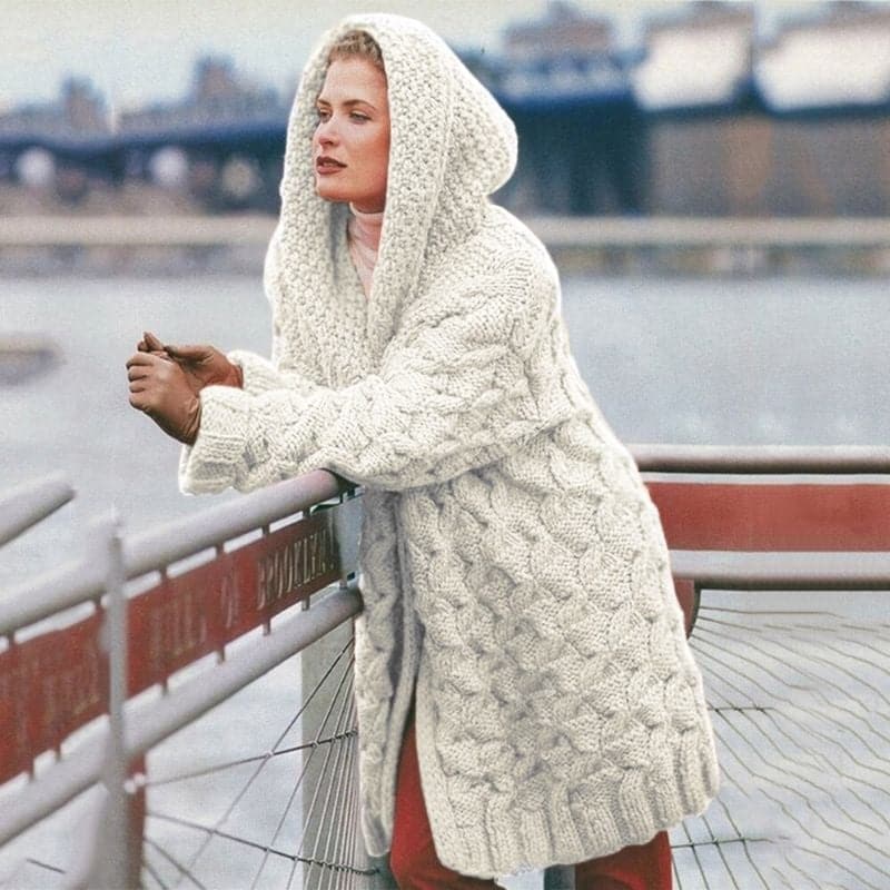 Lune London | Knitted cardigan - Long model - Cable knit with hood - Open front