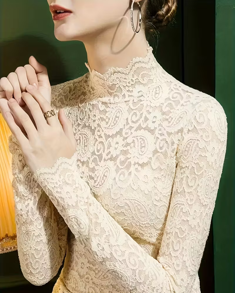 Amarae | Elegant Solid Color Half Neck Long Sleeve Lace
