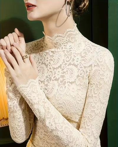 Amarae | Elegant Solid Color Half Neck Long Sleeve Lace