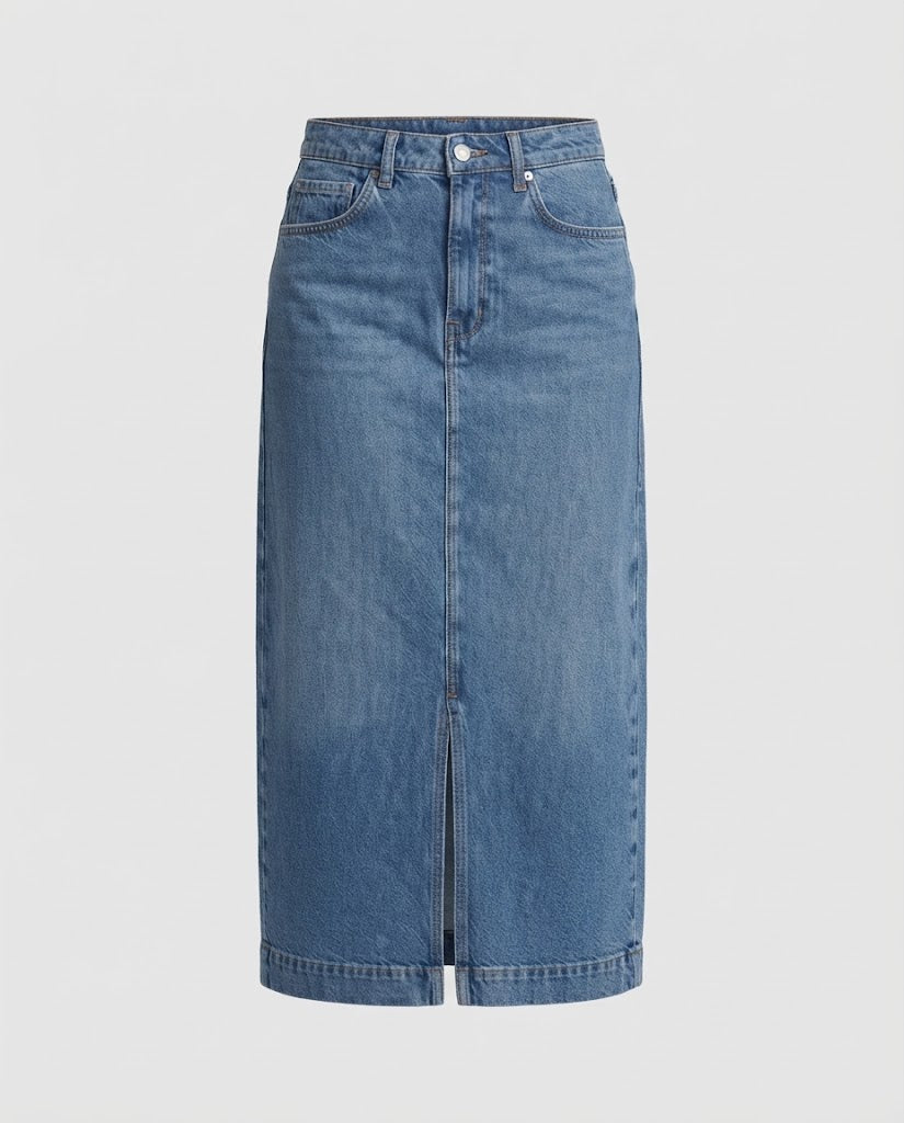 Women high-waisted denim midi skirt with front slit and straight cut Amarae